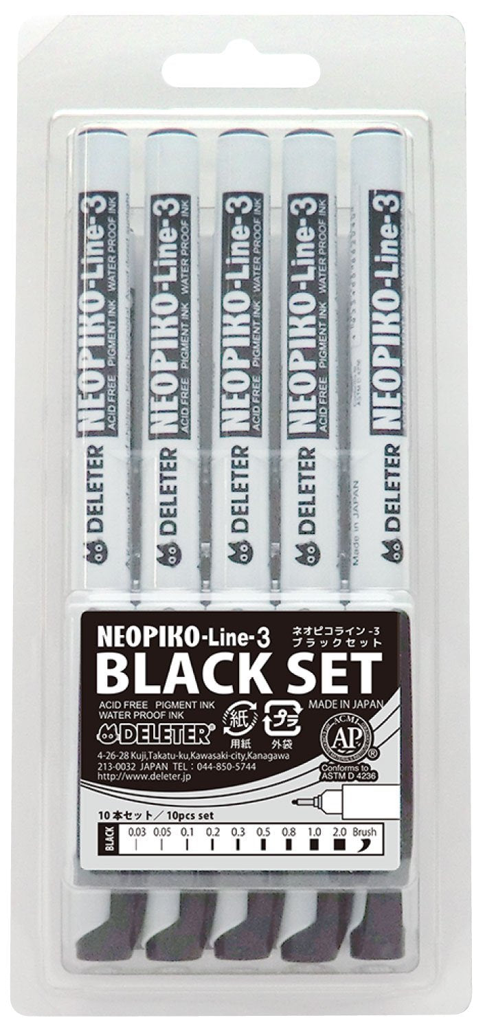 Deleter Neo Pico Line 3 Black Drawing Pens 10-Piece Set - YOYO JAPAN