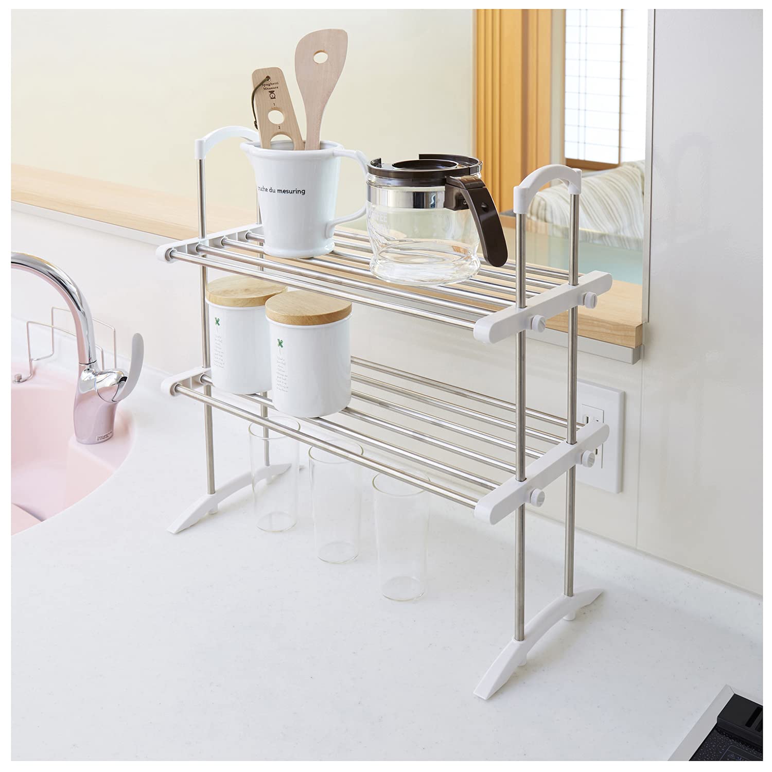 Ping An Copper Co. Heian Shindo Extendable White Kitchen Rack 2 Shelves 6Kg Per Shelf Japan 53-91Cm Width 50Cm Height 24Cm Depth Tos-10 - YOYO JAPAN