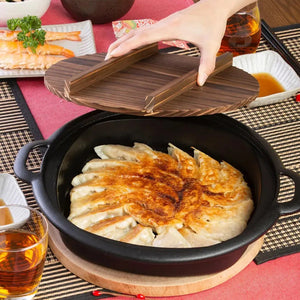 Iwachu Nambu Cast Iron Sukiyaki & Gyoza Pan Japan W/ Wooden Lid - YOYO JAPAN