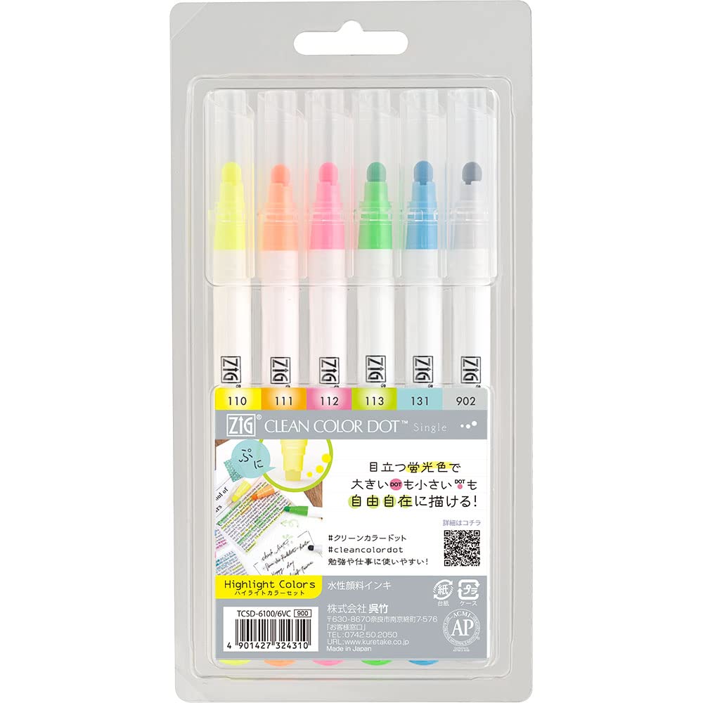 Kuretake Japan Water-Based Pen Zig Clean Color Dot Highlight Set Tcsd-6100/6Vc - YOYO JAPAN