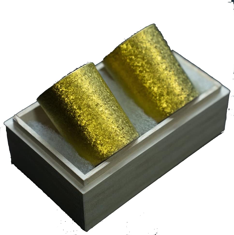 Laugh Wrinkles Guitan Titanium Sake Cup Pair Made In Japan Paulownia Box Wedding Gift Guinomi Gold Pair - YOYO JAPAN