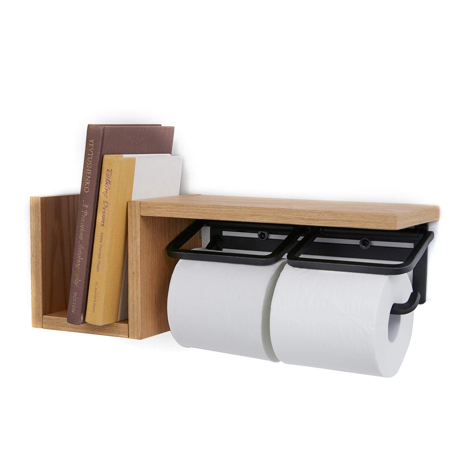 Lowya Toilet Paper Holder Iron Wooden W/ Shelves & Storage Double 2 Strands Set Type Japan Natural/Black - YOYO JAPAN