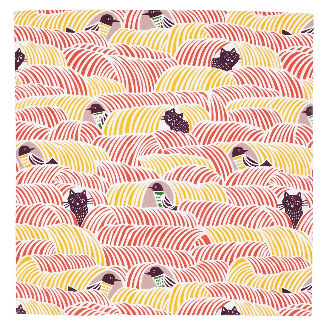 Musubi Furoshiki 70Cm Kata Kohare Cat & Bird Pink Made In Japan 21414-213 - YOYO JAPAN