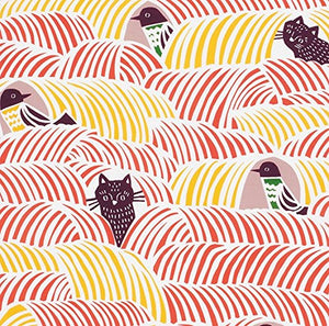 Musubi Furoshiki 70Cm Kata Kohare Cat & Bird Pink Made In Japan 21414-213 - YOYO JAPAN