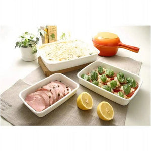 Noda Horo White Series Enamel Rectangle Shallow Food Containers With Lid Large - YOYO JAPAN