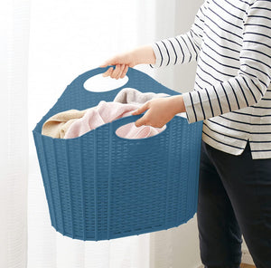 Seiei Japan Foldable Laundry Basket Rattan Style Blue Hamper Bag Folding Compact Storage 55X38X39Cm 120413 - YOYO JAPAN