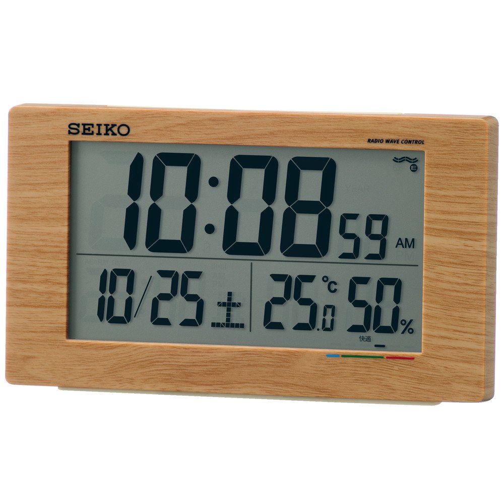 Seiko Clock Alarm Table Clock Japan Radio Wave Digital Calendar Comfort Temp Humidity Display Light Brown Wood Grain Sq784A - YOYO JAPAN
