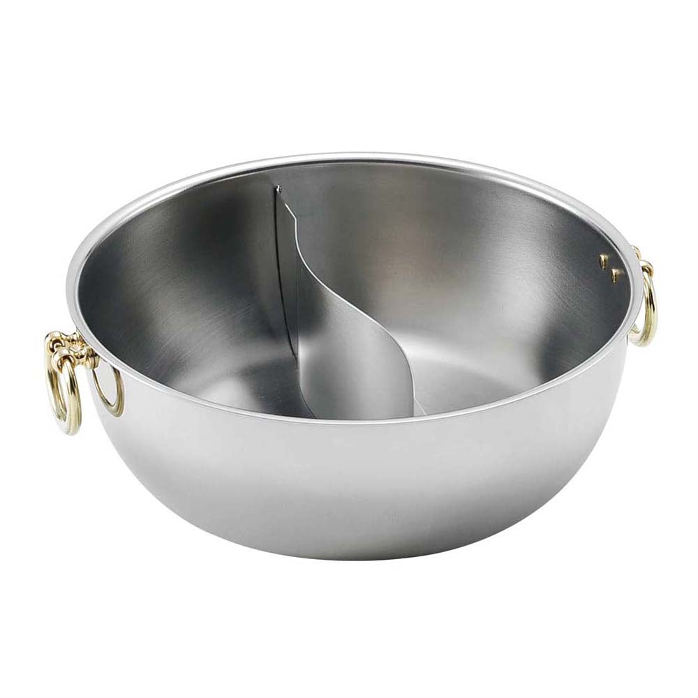 23Cm Wadasuke Factory Japan Stainless Steel Induction Shabu Shabu Hot Pot W/ Divider (Brass Handle No Lid) - YOYO JAPAN