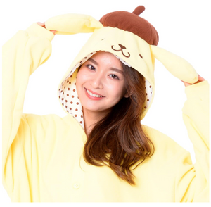 Close-up of SAZAC Sanrio Pompompurin Kigurumi Costume Onesie, featuring beret and face for adorable look