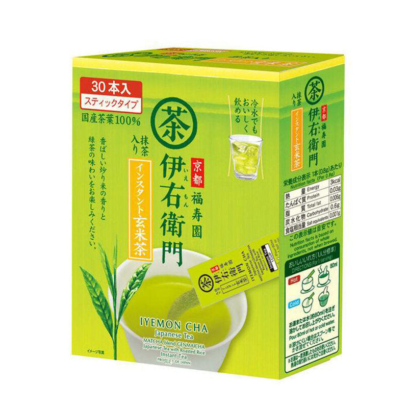 Iyemon Cha Matcha Blend Genmaicha With Brown Rice Japanese Instant Tea 30 Sticks - Brown Rice Tea, instant format, ideal for daily brewing rituals