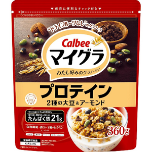 Packaging and loose granola pieces side by side, Calbee brand