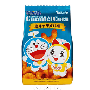 Tohato Caramel Corn Doraemon Limited Edition pack, designed for fans of Japanese snacks