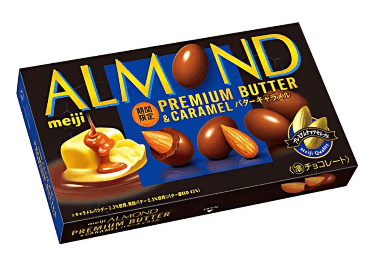 Meiji Almond Premium Butter Caramel 5 pcs, rich caramel flavor, ideal for everyday snacking