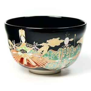 Handmade Chawan Black Ningyo Doll Matcha Cup full view with doll motif
