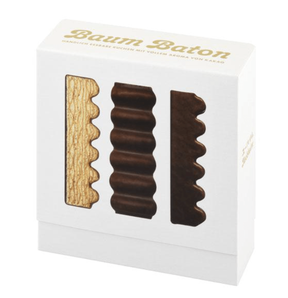 Juchheim Baum Baton 09 box with three chocolate-coated baumkuchen sticks