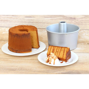 Close-up of Matsunaga Aluminum Professional Chiffon Cake Mold 17cm, smooth aluminum surface for even baking