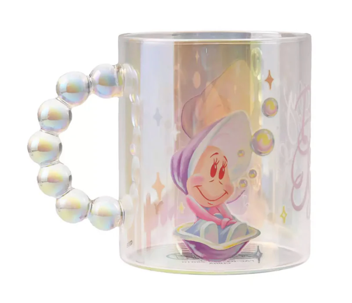 400โฏmL Disney Young Oyster glass mug, view of the iridescent Baby Oyster design, gentle aurora glow.