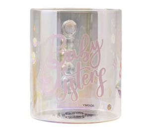 Close‑up of Disney Young Oyster glass mug, showcasing the pearl‑style handle and holographic finish.