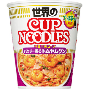 Close-up of Nissin Cup Noodles Tom Yum Goong Tom Yum Noodle Soup (Pack of 3), featuring wavy noodles for satisfying texture
