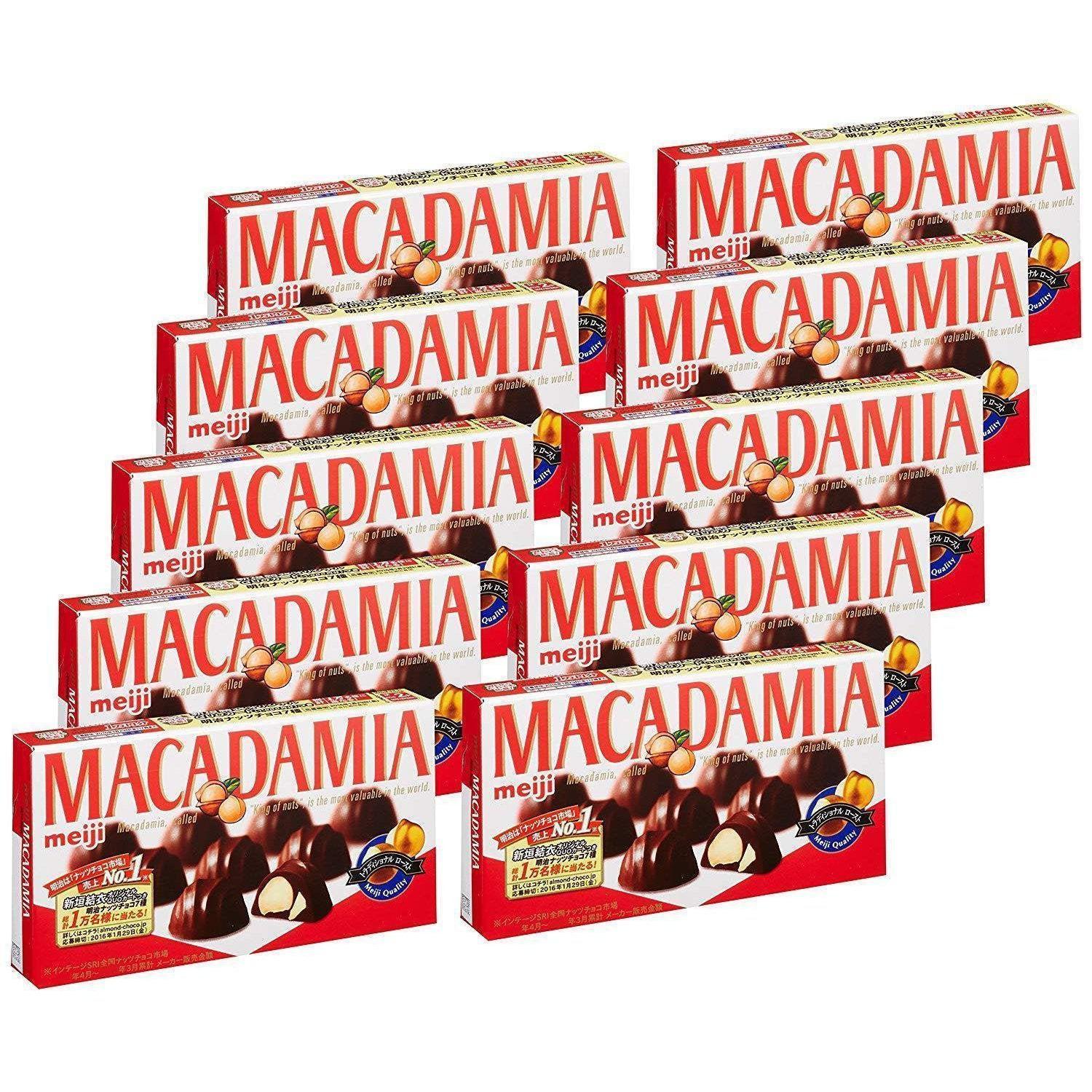 Pack of 10 Meiji Macadamia Chocolate Snack, milk-rich coating, designed for sharing with family