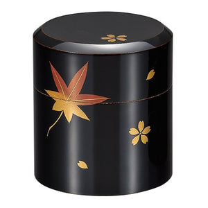 Isuke Lacquered Tea Caddy Maple & Cherry Blossom Canister, handcrafted in Japan, ideal for tea storage
