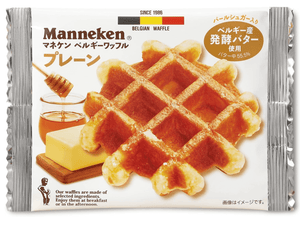 Close-up of Manneken Belgian Plain Waffle, highlighting its golden-baked surface