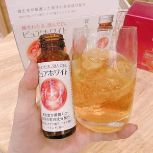 Close-up of Shiseido Pure White Beauty Drink, 50ml x 10 Bottles, featuring vitamins C & E for skin health