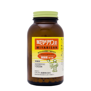 Close-up of Miyarisan 1000 Tablets, non-pharmaceutical, featuring Miyairi bacteria for gut support