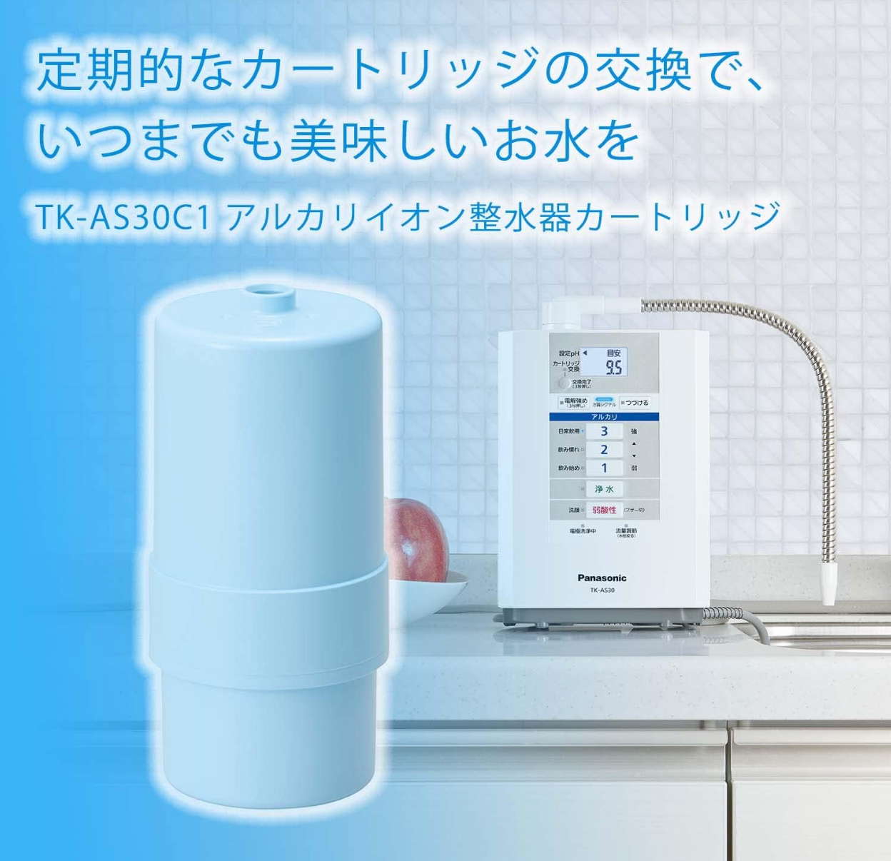“Panasonic TK-AS30C1 cartridge installed in alkaline ion water purifier unit”