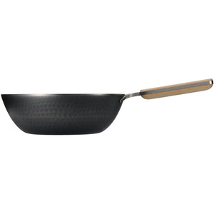Close-up of Enzo Flat-Bottomed Iron Induction Wok (1.6mm Thick) 28cm, featuring ergonomic handle for comfortable use