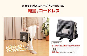 Close-up of Iwatani Japan Cassette Gas Stove Portable My Warm CB-CGS-PTB, featuring ceramic burner for efficient warmth
