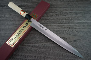 240mm Sakai Takayuki Kasumitogi Shirogami Carbon Steel Yanagiba Knife Yanagiba 240mm (06003) with soft iron cladding, offering edge retention for home cooks