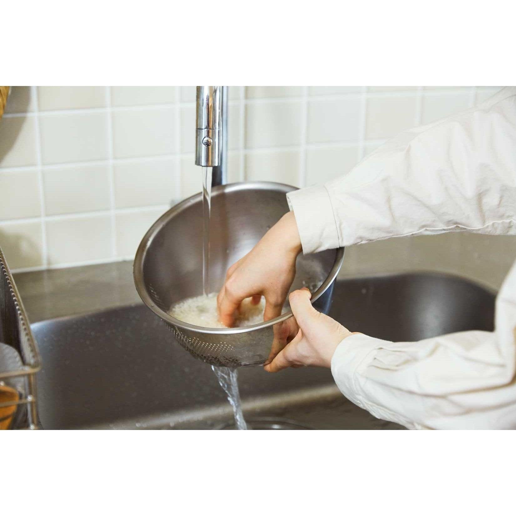 Multifunctional Stainless Steel 3-Way Rice Washing Bowl With Strainer, sloped bottom, designed for home cooks