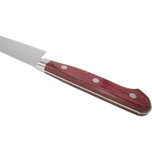 Close-up of Takamura Hamono High Speed Steel Petty Knife, 150mm, featuring corrosion-resistant steel for durable cuts