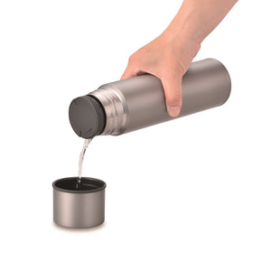 Close-up of Thermos FJN-500T Titanium 500ml Vacuum Insulated Bottle Titanium Gray, featuring dual spouts for versatile pouring