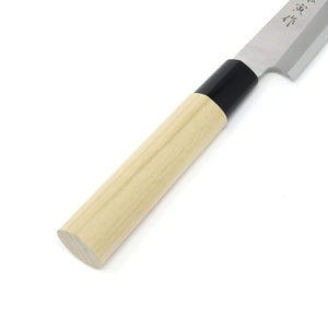 Close-up of Tojiro Fujitora Mv Yanagiba Knife With Wood Handle 300mm, featuring sharp single-bevel edge for precision
