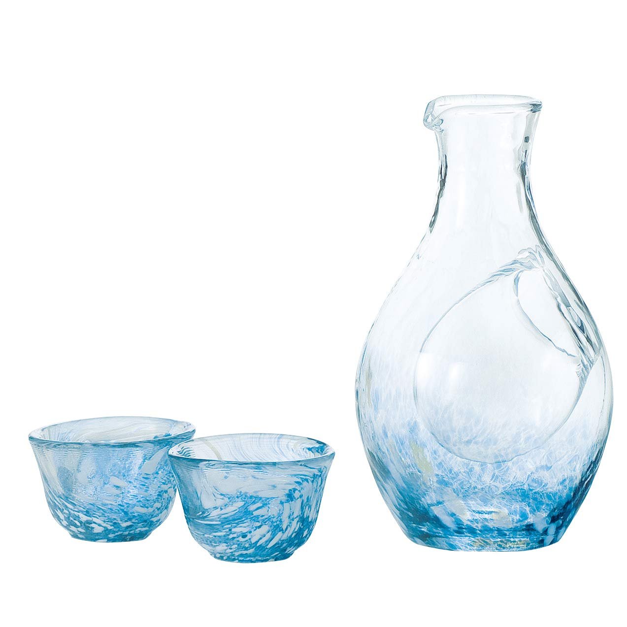 Toyo Sasaki Glass Cold Sake Set Japan Blue Carafe 300ml 55ml 3-Pack, handmade design, ideal for chilled sake serving