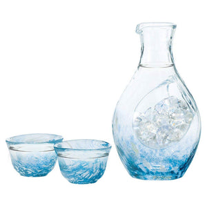 300ml Toyo Sasaki Glass Cold Sake Set Japan Blue Carafe 55ml 3-Pack, ice pocket feature, designed for intimate gatherings