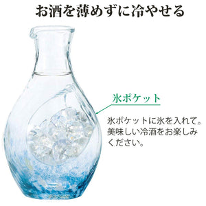 Toyo Sasaki Glass Cold Sake Set Japan Blue Carafe in 300ml 55ml 3-Pack, textured surface, perfect for Japanese dining rituals