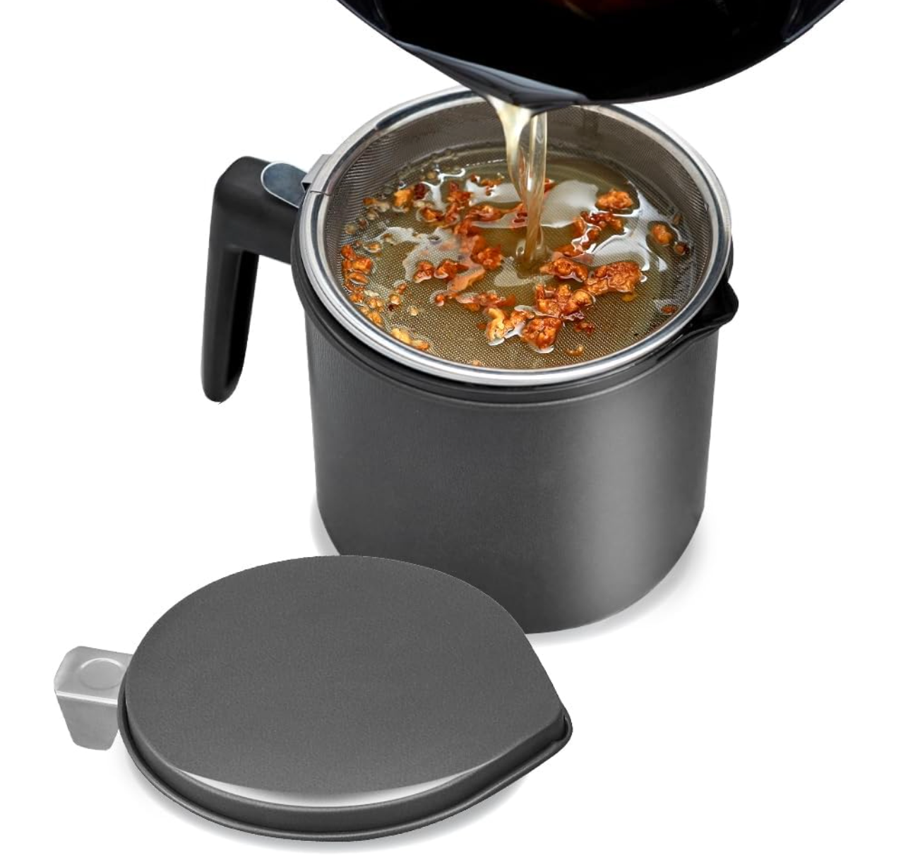 “Iris Ohyama H-OP800 Oil Pot 800 ml Black, showing inside sieve and mesh filter