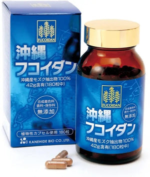 Close-up of Kanehide Bio Okinawa Fucoidan, 295mg x 180 Tablets, featuring high-purity fucoidan for vitality