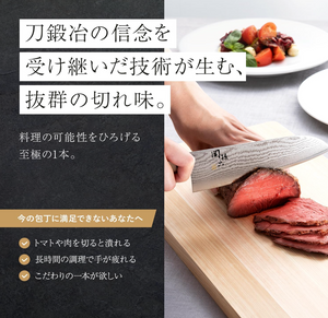 Close-up of 6.5″ Kai AE5200 Santoku Knife showing Damascus blade detail