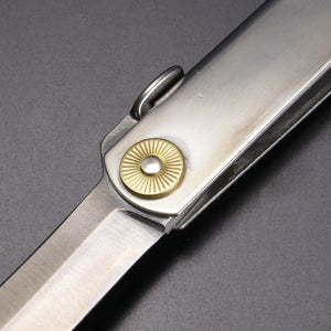 Close-up of Higonokami VG10 Folding Knife 170mm, featuring brass handle for durability