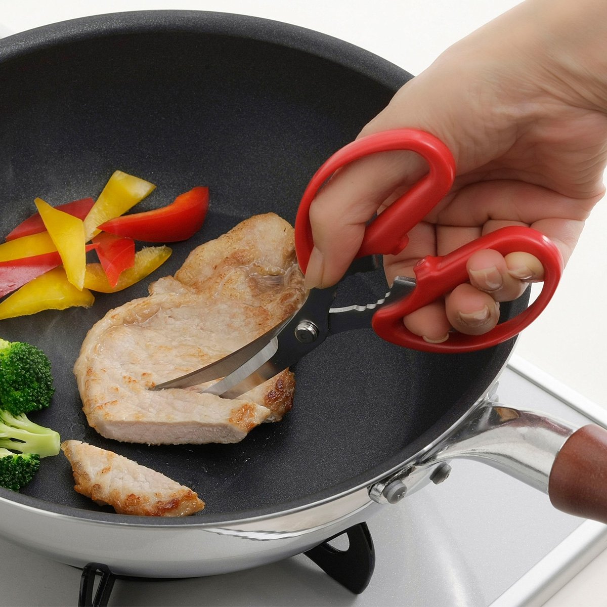 1pc Shimomura Curved Kitchen Scissors Serrated Non-Scratch Scissors, serrated edge, designed for home chefs and easy cutting