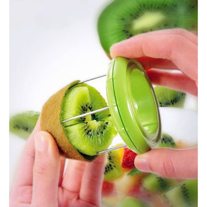 Close-up of Shimomura Kiwi Fruit Cutter featuring sharp stainless steel blades