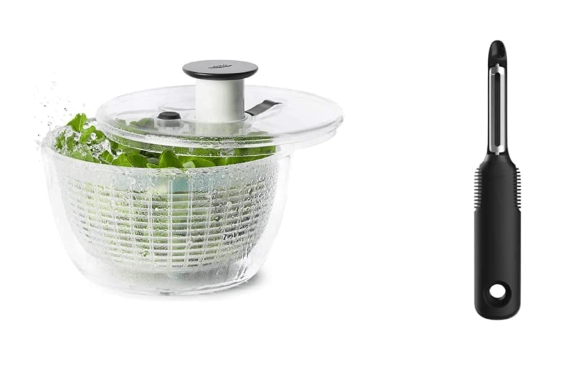 OXO Salad Spinner And Peeler Set, small round size, quick vegetable draining, ideal for home kitchens