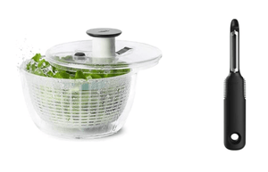 OXO Salad Spinner And Peeler Set, small round size, quick vegetable draining, ideal for home kitchens