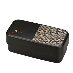Hakoya Two-Tier Black Bento Lunch Box, 950ml, Seigaiha wave pattern design, ideal for packing balanced meals.