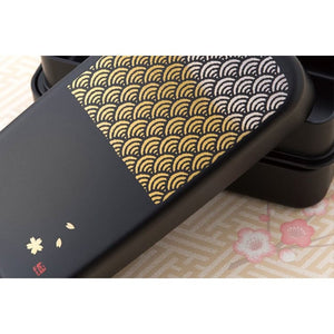 Hakoya Two-Tier Bento Lunch Box, 950ml, showing elegant black finish and Seigaiha design, perfect for lunch on-the-go.