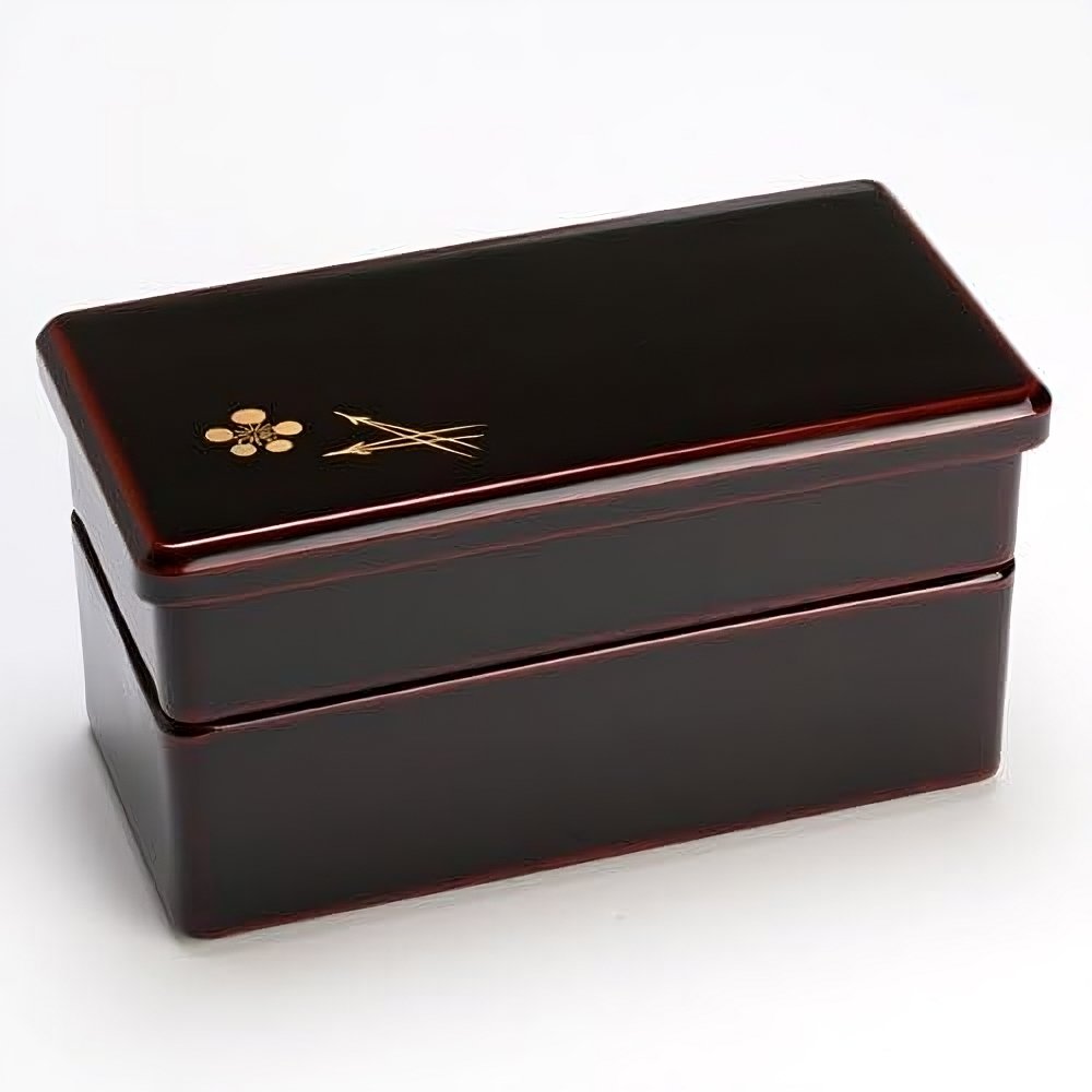 Isuke Two-Tier Lacquered Bento Box Red with plum motif, traditional Japanese lunchbox ideal for daily meals